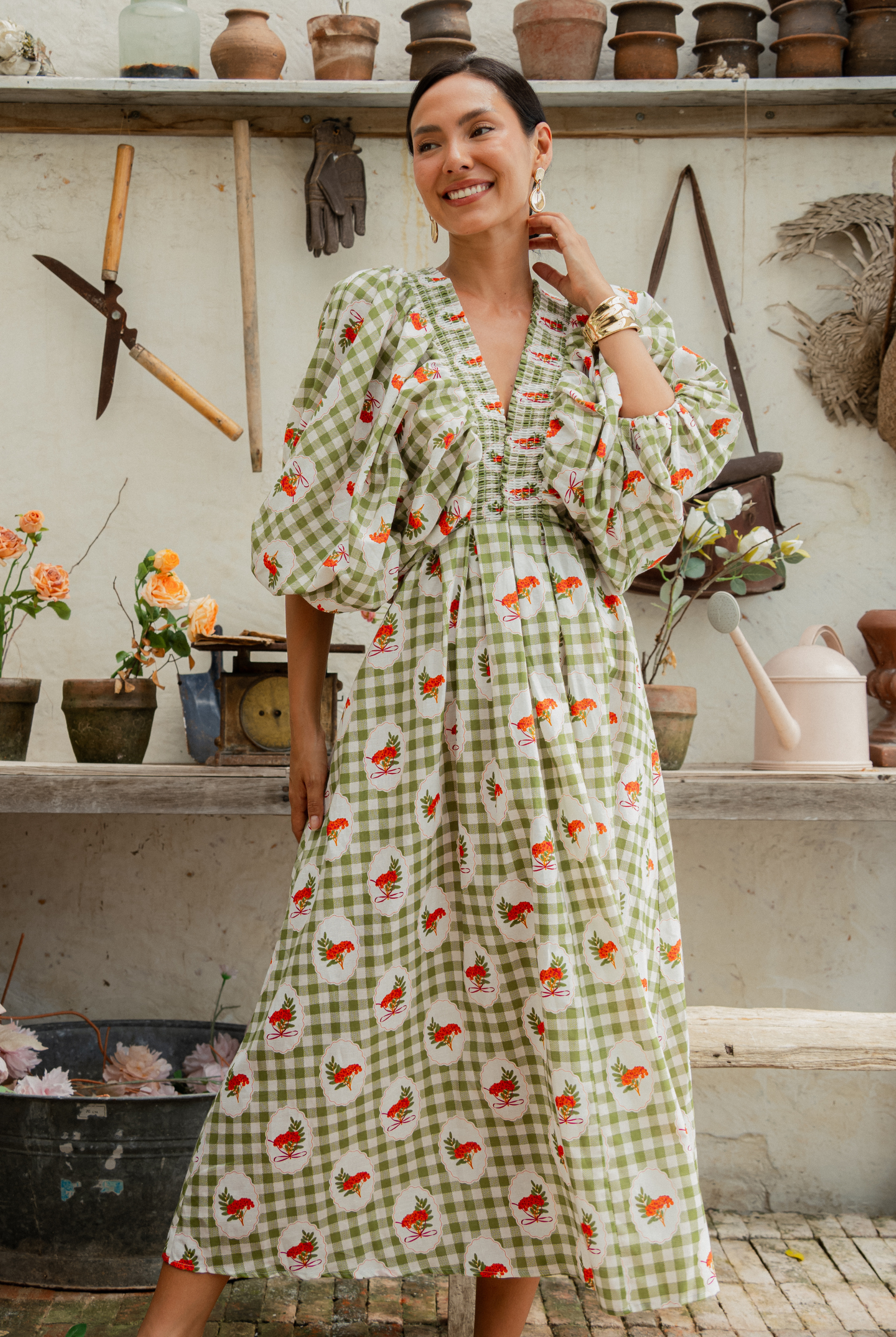 women's bohemian dresses Boho Dreams Maxi Dress Jade/Natural / L Mixed floral print Relaxed fit Short puff sleeves Elastic cuff with ruffle trim Maxi length V Regular Bohemian Dress | Women's